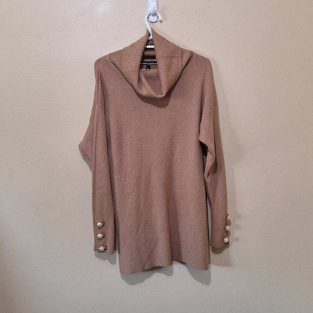 NWOT Melanie Lyne Tan Sweater With Faux Pearl Accents